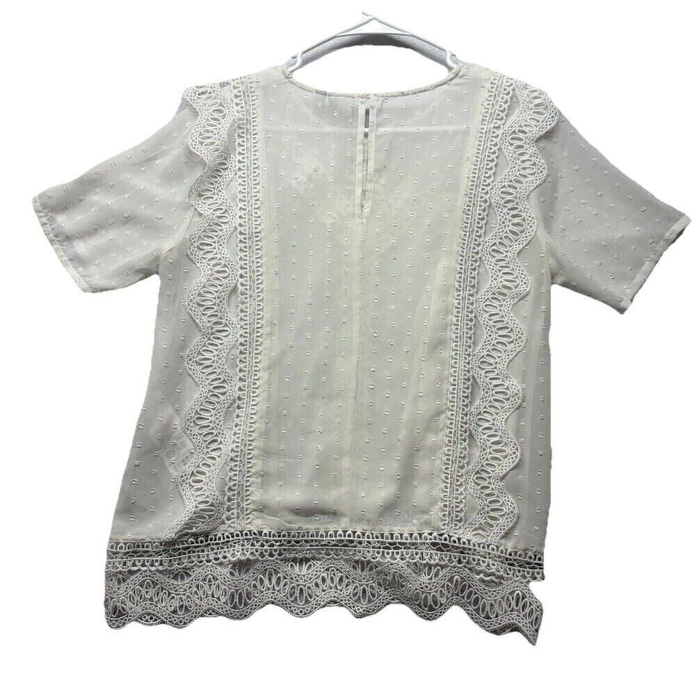 ICHI Woman’s Blouse Short Sleeve Top Size 38 Made in India White Lace Coquette - Picture 5 of 5